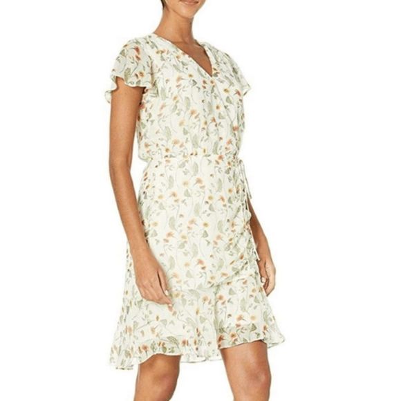 Sam Edelman Floral Shirred Skirt Lined Gold Flecked Dress Size 10, MSRP $138 - Picture 1 of 8